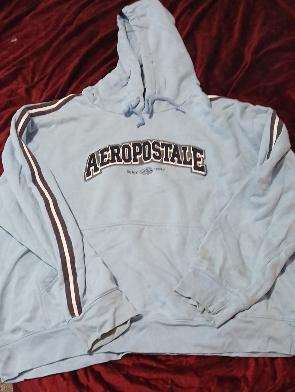 Aeropostale Baby Blue Hoodie with Navy & White Sleeve Stripes